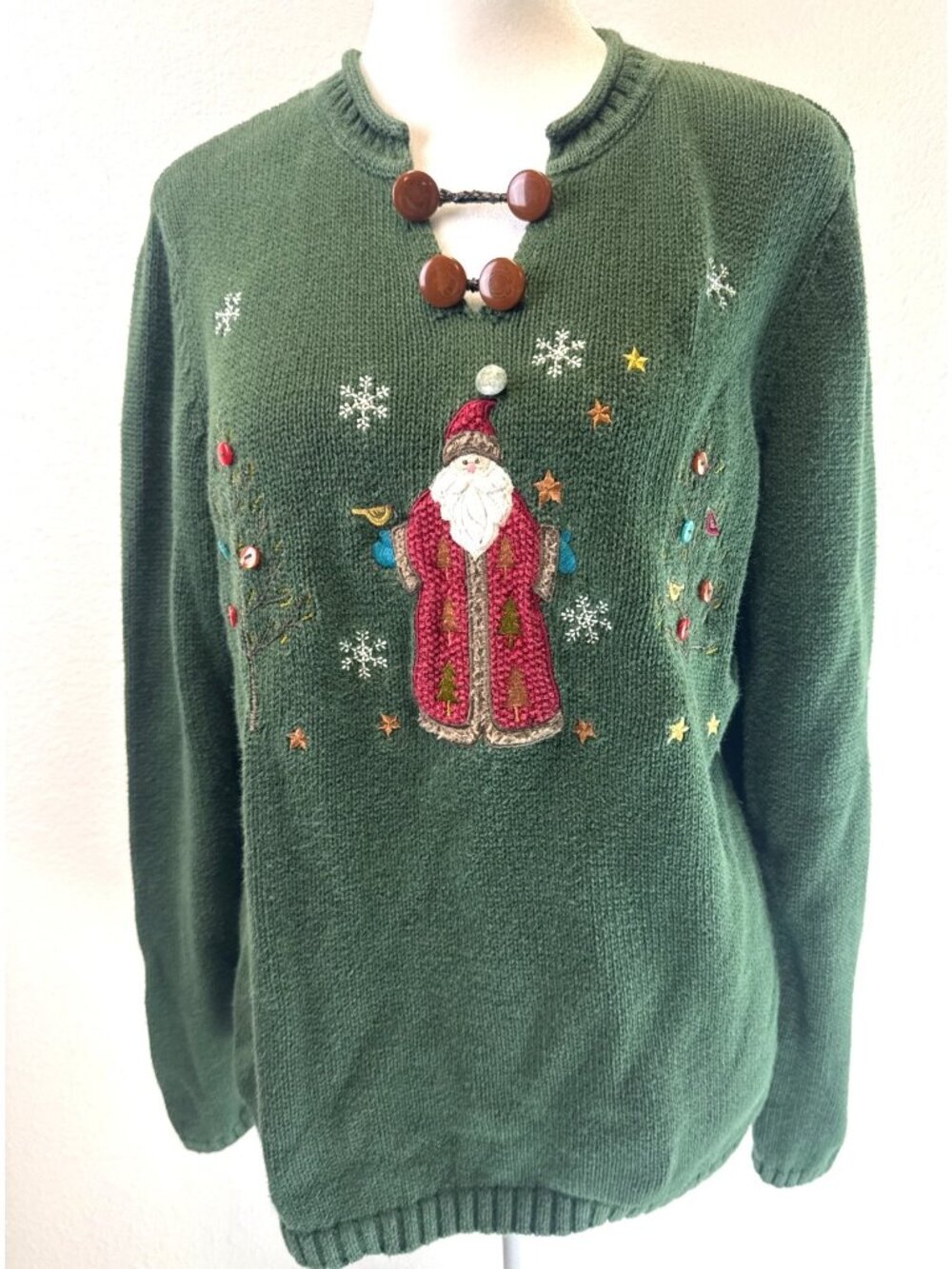 Christopher & Banks Green Christmas Sweater Santa/Tree Embroidery Button Med